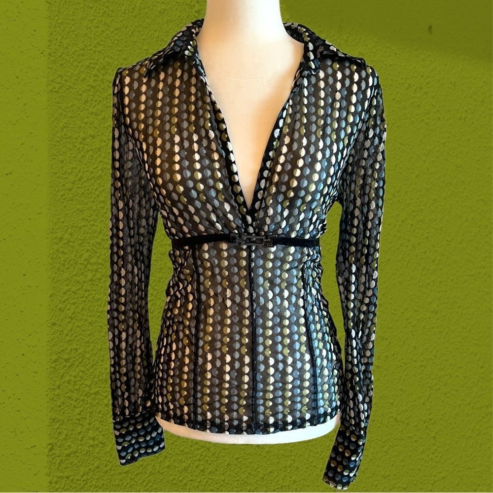90s vintage Mexx mesh collared shirt deep v neck buckle detail